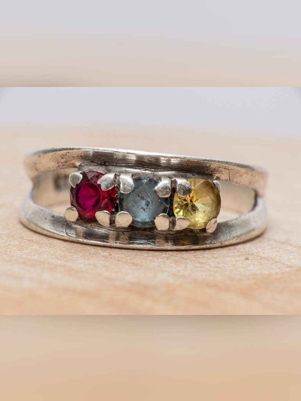 Size 7.25 Sterling Silver Triple Stone Ring with Ruby, Blue and Yellow Stones